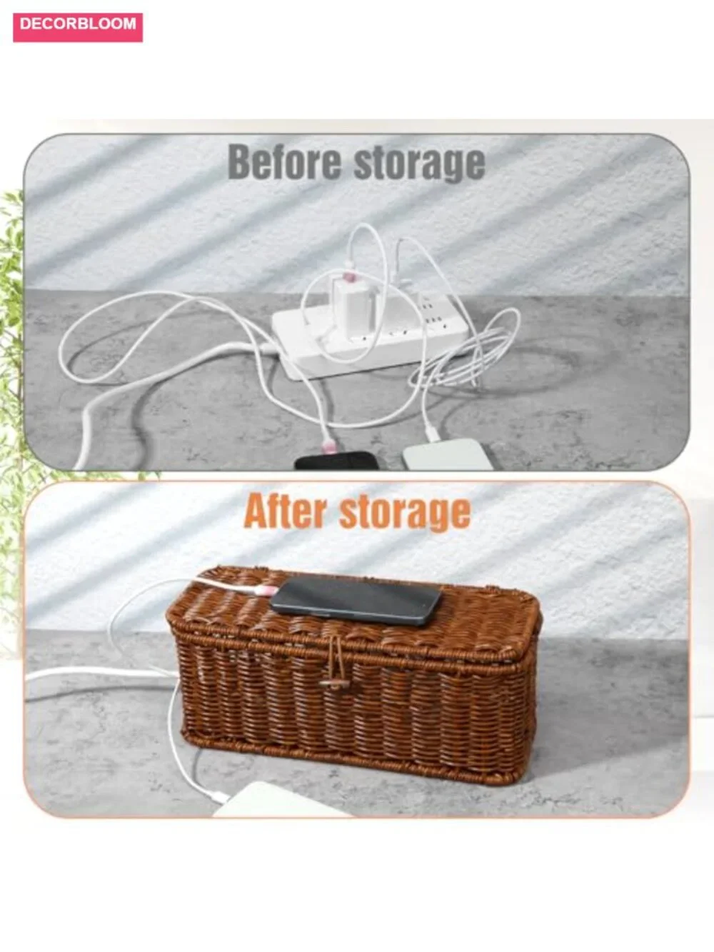 Handmade Rattan Cable Management Box with 2 Slots, Desk Organizer for Home - Picture 3 of 6